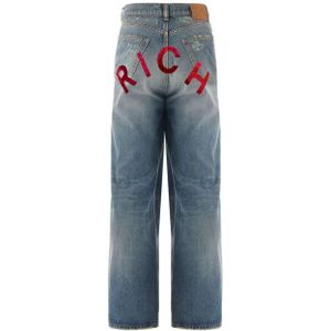 John Richmond, Jeans, Heren, Blauw, W38, Denim, Jeans super baggy in lichtblauwe denim met Rich metal rood aanpassing