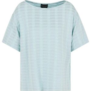 Emporio Armani, Tops, Dames, Blauw, S, Vierkant Gesneden Korte Mouw Jacquard Trui-GROEN