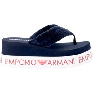 Emporio Armani, Dubbele Laag Sleehak Slippers met 360° Letters Blauw, Dames, Maat:38 EU