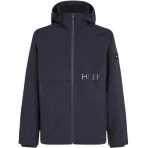 Tommy Hilfiger, Waterafstotende Jas met Opvouwbare Capuchon Blauw, Heren, Maat:2XL