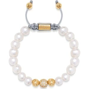 Nialaya, Women`s Beaded Bracelet with White Sea Pearl and Gold Beige, Dames, Maat:S