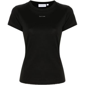 Calvin Klein, Tops, Dames, Zwart, L, Katoen, Zwart Logo T-shirt Jersey Korte Mouw