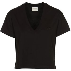 Courrèges, Tops, Dames, Zwart, M, Katoen, Zwart V-hals Cropped T-shirt