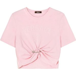 Versace, Tops, Dames, Roze, XS, Logo Borduurwerk Cropped T-Shirt