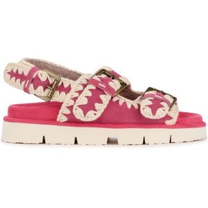 Mou, Schoenen, Dames, Roze, 38 EU, Katoen, Fuchsia Suede Bio Buckle Sandal