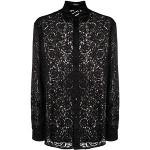 Versace, Bloemenkanten Shirt Zwart, Heren, Maat:M