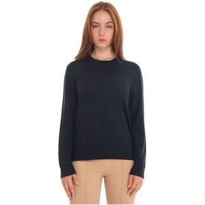 Boss, Truien, Dames, Blauw, L, Wol, Geribbelde Ronde-Hals Pullover