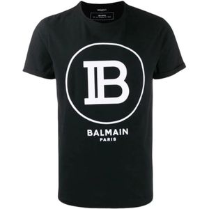 Balmain, Tops, Heren, Zwart, S, Katoen, Zwarte katoenen T-shirt met dik wit flock B-logo