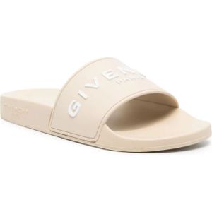 Givenchy, Schoenen, Dames, Beige, 37 EU, Beige Slide Sandalen met Handtekening Print