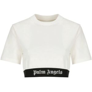 Palm Angels, Tops, Dames, Wit, M, Katoen, Wit Katoenen T-shirt met Logo Elastiek