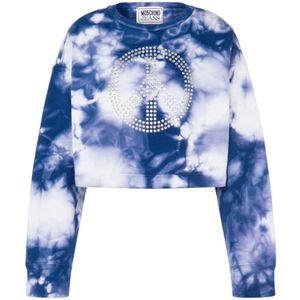 Moschino, Sweatshirts & Hoodies, Dames, Blauw, XS, Katoen, Tie-Dye Katoenen Sweatshirt met Kristalapplicatie