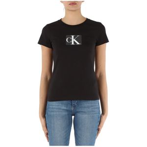 Calvin Klein Jeans, Katoenen Logo Paillet T-shirt Zwart, Dames, Maat:S