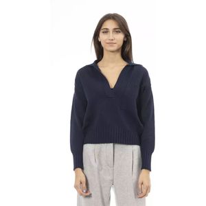 Alpha Studio, Blauwe Wol V-Hals Trui met Voorzak Blauw, Dames, Maat:XS