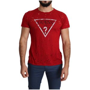 Guess, Red Cotton Logo Print Men Casual Top Perforated T-shirt Rood, Heren, Maat:L