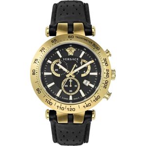 Versace, Accessoires, Heren, Geel, ONE Size, Bold Chrono Zwart Lederen Gouden Horloge