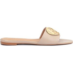 Kazar, Schoenen, Dames, Beige, 37 EU, Leer, Platte leren slippers versierd met een monogram