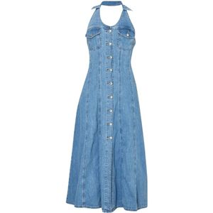 Liu Jo, Kleedjes, Dames, Blauw, M, Denim, Denim Midi Jurk met Knopen