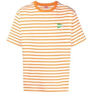 Kenzo, Tops, Heren, Oranje, L, Katoen, Gestreept Logo Print T-shirt