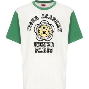 Kenzo, Tops, Heren, Wit, S, Katoen, Witte Tiger Academi Print T-shirt