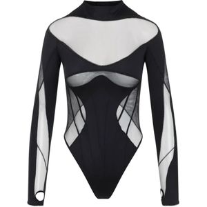 Mugler, Tops, Dames, Zwart, S, Zwarte Mesh Top met Opstaande Kraag