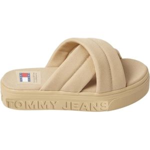 Tommy Jeans, Schoenen, Dames, Beige, 36 EU, Polyester, Beige Platte Sandaal Lettering Flatform