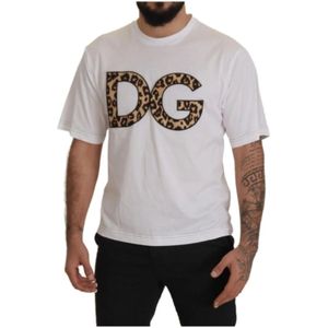 Dolce & Gabbana, Tops, Heren, Wit, L, Katoen, Korte Mouw T-Shirt met Leopard Logo