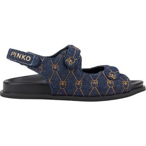 Pinko, Schoenen, Dames, Blauw, 36 EU, Blauwe Logo Sandaal Open Teen Geborduurd