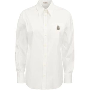Brunello Cucinelli, Stretch Katoenen Poplin Overhemd met Glanzende Tab Wit, Dames, Maat:L