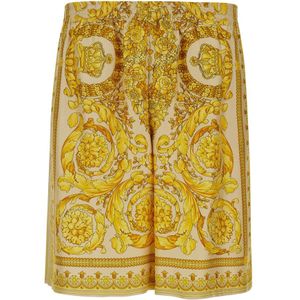 Versace, Korte broeken, Heren, Geel, L, Gele Barocco Print Zijden Shorts