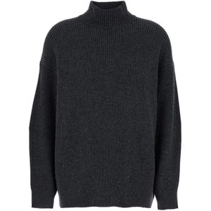 Brunello Cucinelli, Truien, Dames, Grijs, M, Wol, Grijze Lurex Hoge Hals Sweater