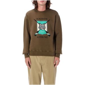 Maison Kitsuné, Sweatshirts & Hoodies, Heren, Groen, M, Katoen, College Fox Crewneck Gebreide kleding Khaki