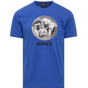 Versace, Tops, Heren, Blauw, L, Blauw Crew Neck T-shirt met Geborduurd Medusa Logo