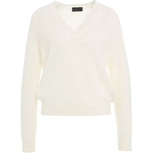 Roberto Collina, Truien, Dames, Wit, S, Angora V-Neck Sweater Gebreid in Italië