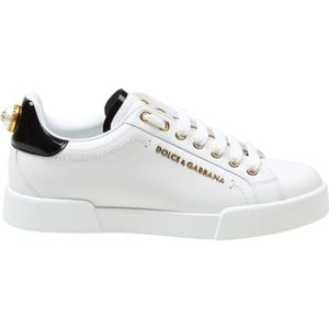 Dolce & Gabbana, Schoenen, Dames, Wit, 39 1/2 EU, Leer, Witte Gouden Leren Sneakers Elegante Stijl