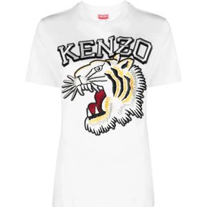 Kenzo, Tops, Dames, Wit, M, Katoen, Witte Tiger Varsity Geborduurde T-shirts en Polos