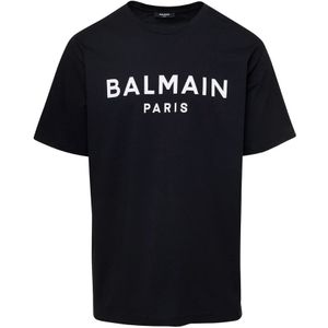 Balmain, Tops, Heren, Zwart, M, Katoen, Zwart T-shirt met logo