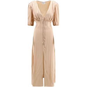 MVP wardrobe, Gestreepte Viscose Jurk met Ballonmouwen Beige, Dames, Maat:L