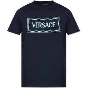Versace, Tops, Heren, Blauw, S, Katoen, T-shirt met logo