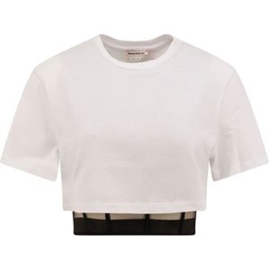 Alexander McQueen, Tops, Dames, Wit, M, Katoen, Wit Crop Fit T-Shirt