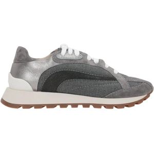 Brunello Cucinelli, Schoenen, Dames, Grijs, 38 EU, Suède, Grijze Canvas en Suède Lage Sneakers