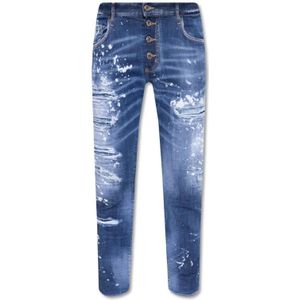 Dsquared2, Jeans, Heren, Blauw, S, Katoen, Skater Blauwe Jeans met Versleten Details en Verfspatten