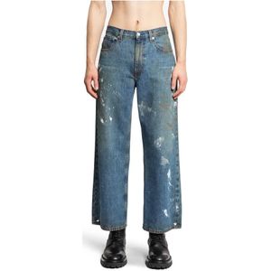 Helmut Lang, Jeans, Heren, Blauw, W34, Indigo Paint Cropped Wide Leg Jeans