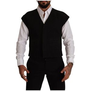 Dolce & Gabbana, Pakken, Heren, Zwart, M, Katoen, Zwart Wol Katoen Jurk Waistcoat Vest