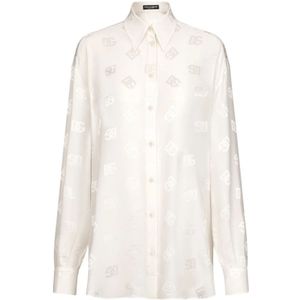 Dolce & Gabbana, Blouses & Shirts, Dames, Beige, S, Logo-Versierde Zijden Overhemd