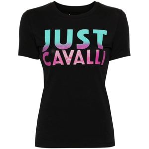 Just Cavalli, Tops, Dames, Zwart, L, Katoen, Zwart Grafische Print T-shirts en Polos