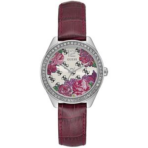 Guess, Bloemen Fleur Leren Horloge Wijnrood Veelkleurig, Dames, Maat:ONE Size