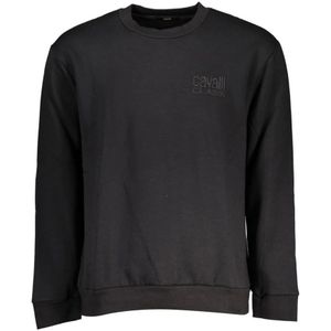 Cavalli Class, Sweatshirts & Hoodies, Heren, Zwart, M, Katoen, Zwarte Geborduurde Crew Neck Fleece Sweatshirt