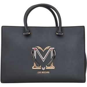 Love Moschino, Tassen, Dames, Zwart, ONE Size, Polyester, Zwarte Shopper Tas met Metalen Logo