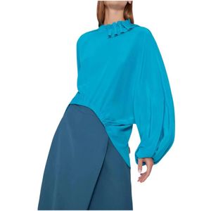 Liviana Conti, Blouses & Shirts, Dames, Blauw, S, Heldere Blauwe Zijden Blouse met Elastische Manchetten en Voorste Knoopdetail