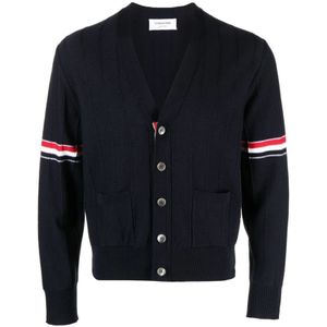 Thom Browne, Truien, Heren, Blauw, M, Wol, Blauwe RWB Stripe V-hals Vest